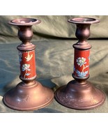 Vintage Pair of Two 2 Brass and Cloisonne Asian Chinese Candlesticks Set... - $58.25 CAD
