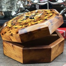 Hand carved Mosaic patterns octagon shaped thuya wooden jewelry box from Morocco - £68.84 GBP