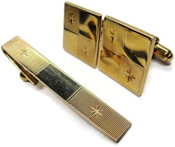 Square Checkerboard Star Gold-Tone Cufflinks w Tie Clasp Set Tux Shirt Suit Vtg - £23.34 GBP