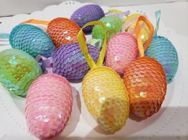 (12) Easter Sequins Pastel Eggs Hanging Tree Ornaments Wreath Decor 2.25&quot; - £14.79 GBP