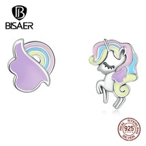 BISAER 925 Silver Fantasy Stud Earrings Colorful Pony Delicate Bird Ear For Wome - £17.42 GBP