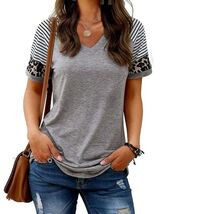 WOMENS Short Sleeve Tshirts V Neck Loose Casual Blouse Color Block Tees - $13.86