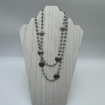 Chicos Necklace 40&quot; Silver Tone Station Beads Stamped Medallions - £11.64 GBP