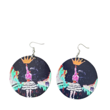 Womens Round Wood Painted Small Girl African American Retro French Hook Earrings - £12.69 GBP