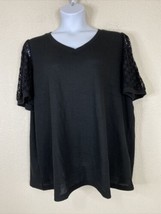 Olrik Womens Plus Size 3X Black Thermal Knit V-neck Top Short Lace Sleeve - £10.26 GBP