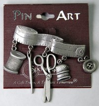 Spoontiques Pewter Sewing Tools Pin Art w Dangles Marked JJ Brooch Excellent - £5.22 GBP