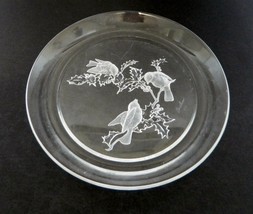 HOYA Boehm Clear Crystal Frosted Chickadees on Plate with Holly Leaves Signed - £19.44 GBP