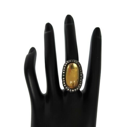 Vintage antiqued copper tone oval yellow cabochon large cocktail ring si... - $14.99