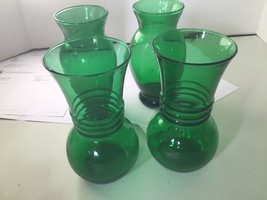 Vintage Anchor Hocking Forest Green Rib Necked Depression Glass Vase 4pcs - $23.76