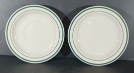 Vintage STONEWARE SAUCERS MCM White with Green Stripes Set of 2 6 1/4&quot; - £7.46 GBP