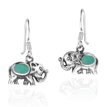Enchanting Baby Elephant Green Turquoise Inlaid Sterling Silver Dangle Earrings - £15.59 GBP