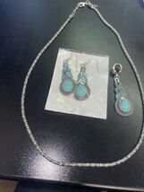 Turquoise Stone and Rhinestone Pendant Chain Necklace and Earrings Jewel... - $3.99