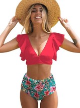 SPORLIKE Women&#39;s Two-Piece Tropical Print Ruffle High Waist Bikini - Siz... - £14.70 GBP