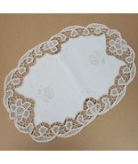 Vintage Embroidery Table Runner Dresser Doily Beige 16x11 Inch Oval - £10.39 GBP