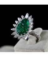 AA+ NATURAL ZAMBIAN EMERALD CARVED PEAR CUT WHITE DIAMOND 18K GOLD COCKT... - £9,773.58 GBP