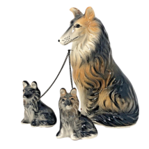 Porcelain Collie Dog With 2 Pups On Chain VTG 50’s Japan Figures Retro Lassie 6&quot; - £14.34 GBP