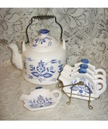 Teapot with 4 Matching Teabag/Spoon Rest Plates-Chadwick China-Japan - £18.88 GBP