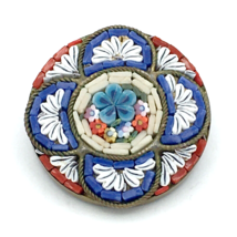 MICRO MOSAIC millefiori flower brooch - vintage red white blue C clasp pin Italy - £21.63 GBP