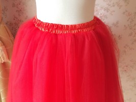RED A-line Tulle Mid Skirt Outfit  Women Custom Plus Size Fluffy Tulle Skirt image 3