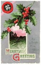 Hearty Greeting mistletoe silver embossed New Year Postcard - £7.75 GBP