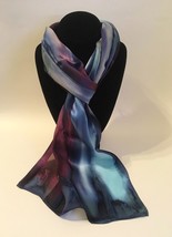 Hand Painted Silk Scarf Navy Periwinkle Blue Plum Purple Silver Ladies N... - £43.85 GBP