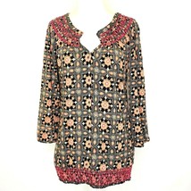 Lucky Brand Knit Top Womens size Med 3/4 Sleeve Split Neck Smocked Black Rust - $22.49