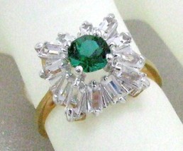 Vintage 14K Gp Crystal Emerald Green Cocktail Ring sz7-8 - £11.38 GBP