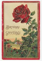 Vintage Postcard Birthday Red Rose Cottage Gold Trim 1909 Embossed - $7.91