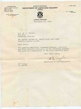 1935 State of Michigan Department of Labor and Industry Letter  - £14.24 GBP