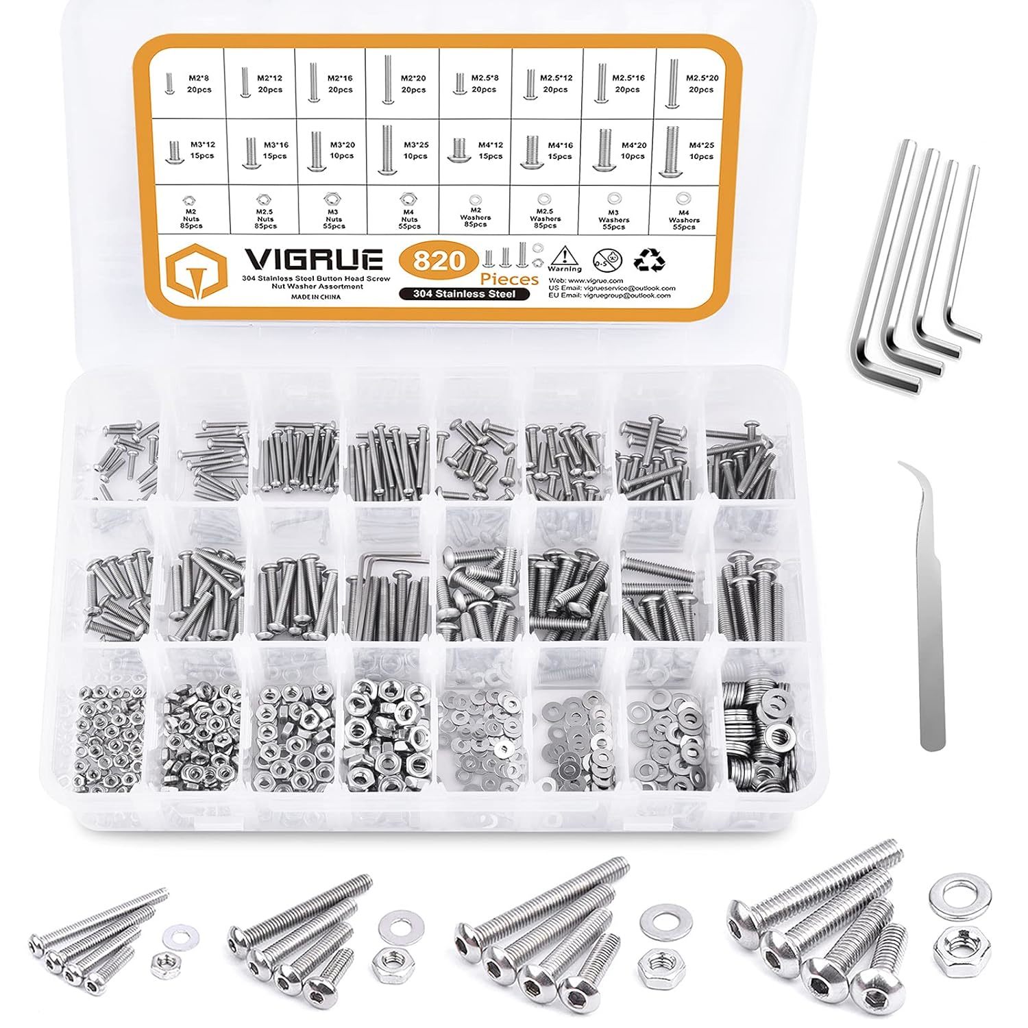 Vigrue 820Pcs M4 M3 M2.5 M2 Button Head Socket Cap Screws Bolts Nuts Was... - $33.99