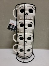 Skeleton Skull Mugs Cups Set of 4 Stackable with Rack NEW Factory Sealed White  - £18.44 GBP