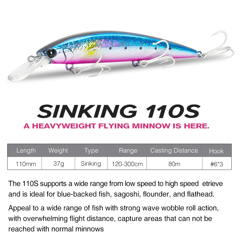 Sporting TSURINOYA 110mm 37g Sinking Minnow Max 80m Long Casting Fishing Lures S - £23.90 GBP