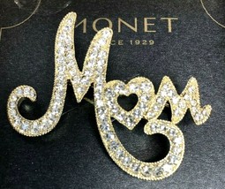 MONET Gold Pin Signed MOM Brooch Rhinestone Sparkle Heart  Mothers Day - £14.74 GBP