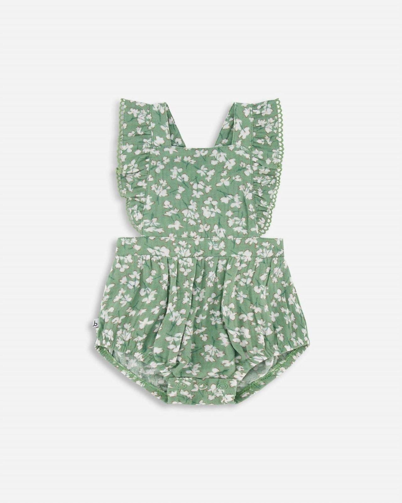 Deux Par Deux Girls Ditsy Floral Ruffle Muslin Romper Green - $41.00