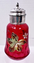 Victorian Cranberry Coin Dot Glass Enameled Leaves Flowers Single Shaker - $36.14