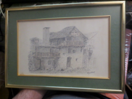 Vintage Chris Wright framed Sketch Pencil Drawing Country Cottage Farmhouse - £29.54 GBP