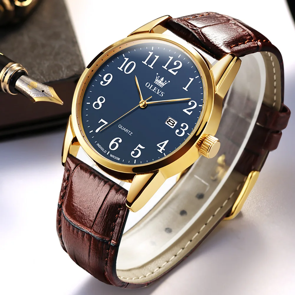 OLEVS Clic Watch for Men Brown Leather Strap Watch With Date Feature Digital Dia - £89.12 GBP