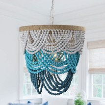 Farmhouse Blue/White Layered Wood Beaded 4-light Chandelier Blue Bohemian - $217.79