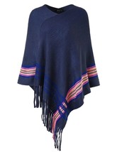 Ferand Navy Pullover Poncho Sweater Fringe Crochet Top with Bold Stripes - £14.24 GBP