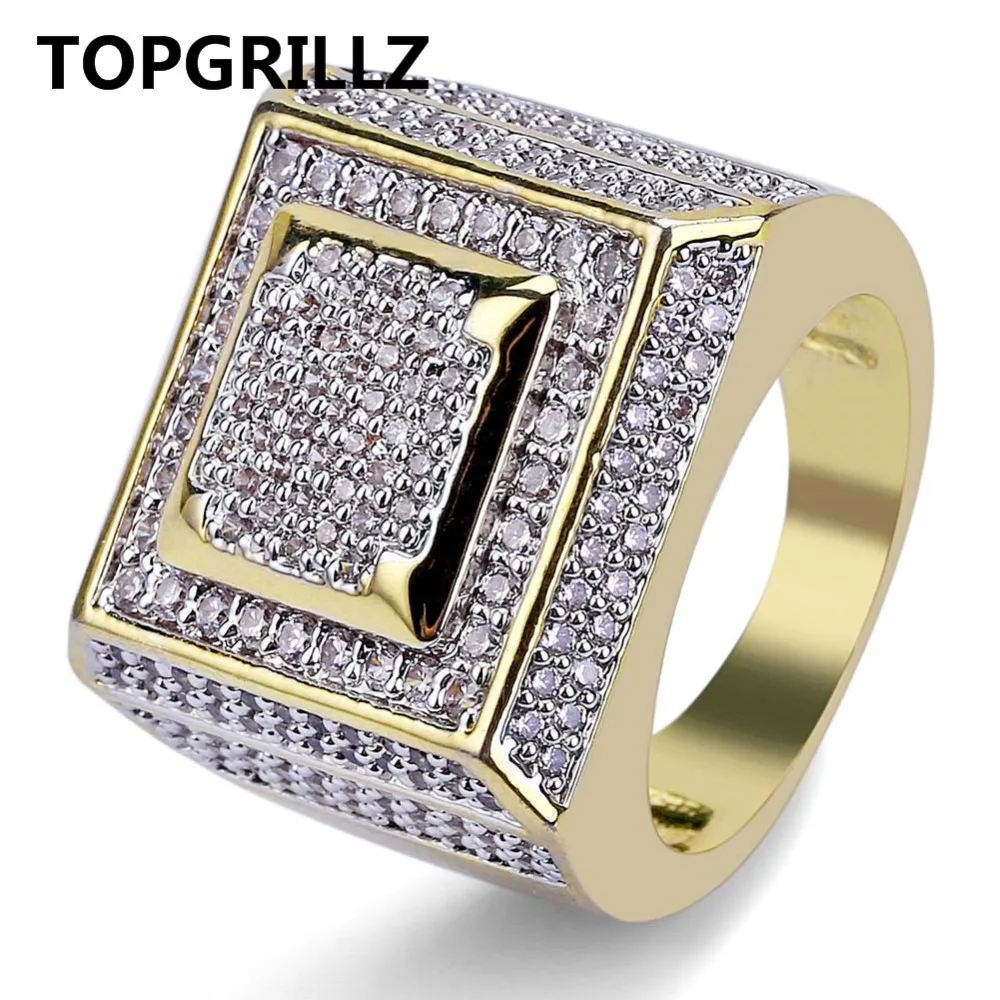 Hip Hop Men Ring Copper GolPlated Iced Out Micro Pave Cubic Zircon Square Rings  - £28.25 GBP