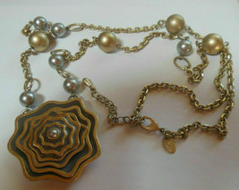 Lia Sophia Gold-tone &amp; Gray Enamel Faux Pearl Bead Chain Pendant Necklace - £19.18 GBP