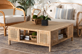 Giolla Bohemian Light Honey Rattan and Mahogany Wood Square Coffee Table - $10,136.34 MXN
