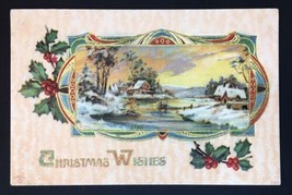 Antique Christmas Wishes Greeting Card Posted 1911 Embossed Cottage Landscape - £13.58 GBP