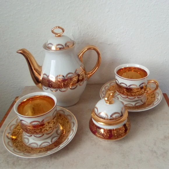 JSK Czechoslovakia 24K Gold Porcelain Ornate Tea Set - £79.64 GBP