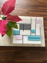 Colorful Fused Glass Square Plate Bowl 7 1/2” Color Block Geometric Pink... - $28.56