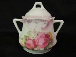 Vintage Porcelain Sugar Bowl &amp; Lid Germany Red Round Mark, Roses, Luster Stencil - £8.37 GBP