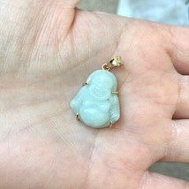 Small 18K Solid Gold Happy Laughing Buddha Natural Off White Jade Pendant -605 - £253.44 GBP