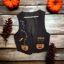 Halloween Jack o Lantern Vest Vintage Black Orange Embroidered Silk Size XXL - £18.98 GBP