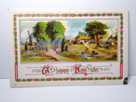 New Year Postcard Scenic Countryside Windmill Cottages P Sander Embossed Vintage - £5.50 GBP