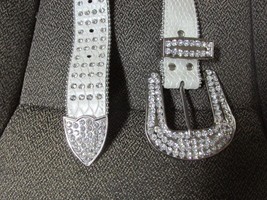 &quot;WHITE FAUX LEATHER BELT WITH ROWS OF CLEAR RHINESTONES&quot;&quot; - RHINESTONE B... - £8.51 GBP